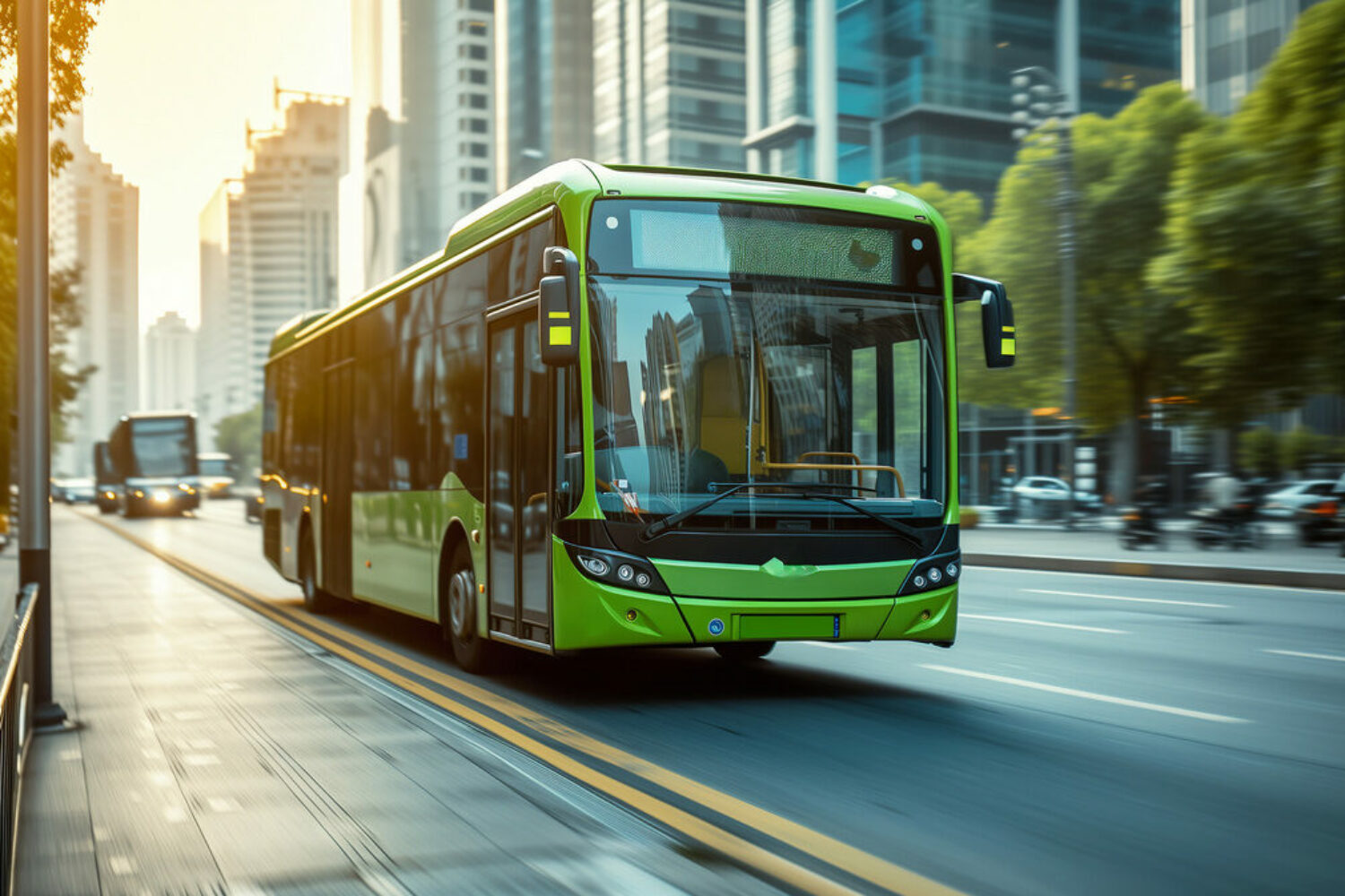 A green electric bus driving in a city